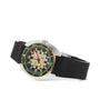 The DOXA Army Bronze by DOXA features a black rubber strap, bronze case, green and gold bezel, beige dial with bold Super-LumiNova® markers, orange hands, and a date window—capturing the iconic spirit of the DOXA Army.