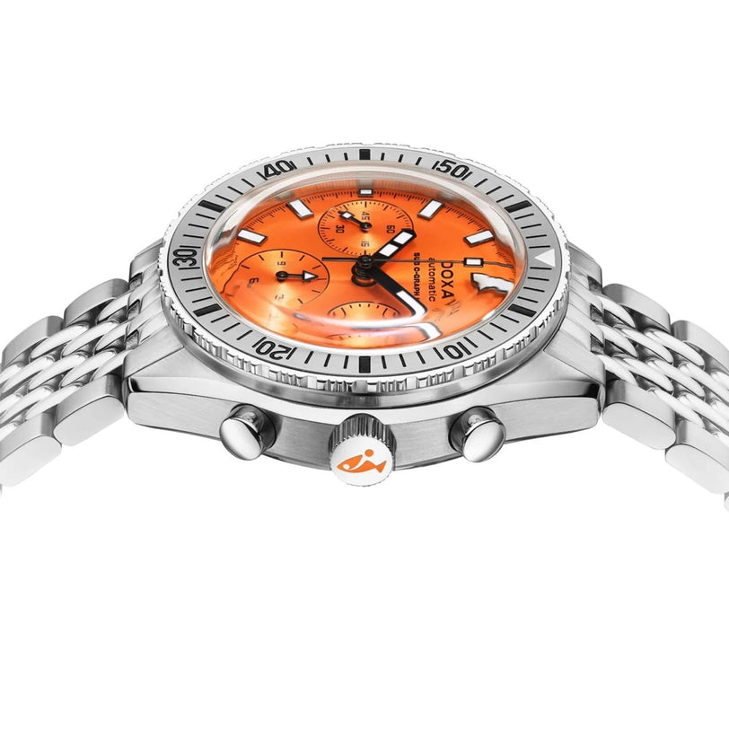 The DOXA Sub 200 C-Graph II Professional, a stainless steel dive watch with an orange dial, silver bezel, and metal link bracelet, is shown from a side angle.