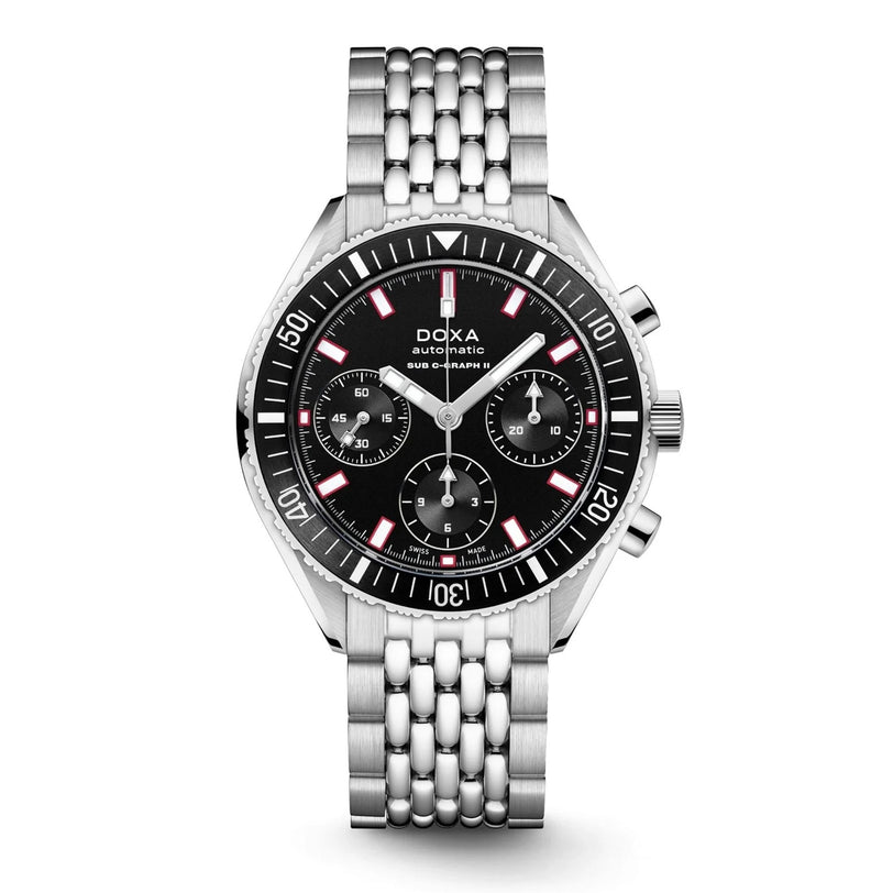 The DOXA Sub 200 C-Graph II Sharkhunter is a stainless steel automatic chronograph watch with a black dial, three subdials, red accents, and a stainless steel bracelet.