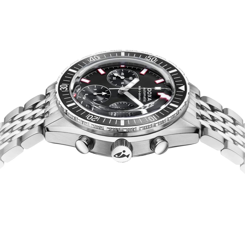 A DOXA Sub 200 C-Graph II Sharkhunter mechanical chronograph wristwatch featuring a black rotating bezel, black dial, and stainless steel bracelet, shown from an angled side view.