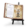 The DOXA Sub 300T Clive Cussler watch, boxed and displayed on an easel, features a Swiss automatic movement and helium release valve, with map-themed packaging and a letter-inspired background inside the box.