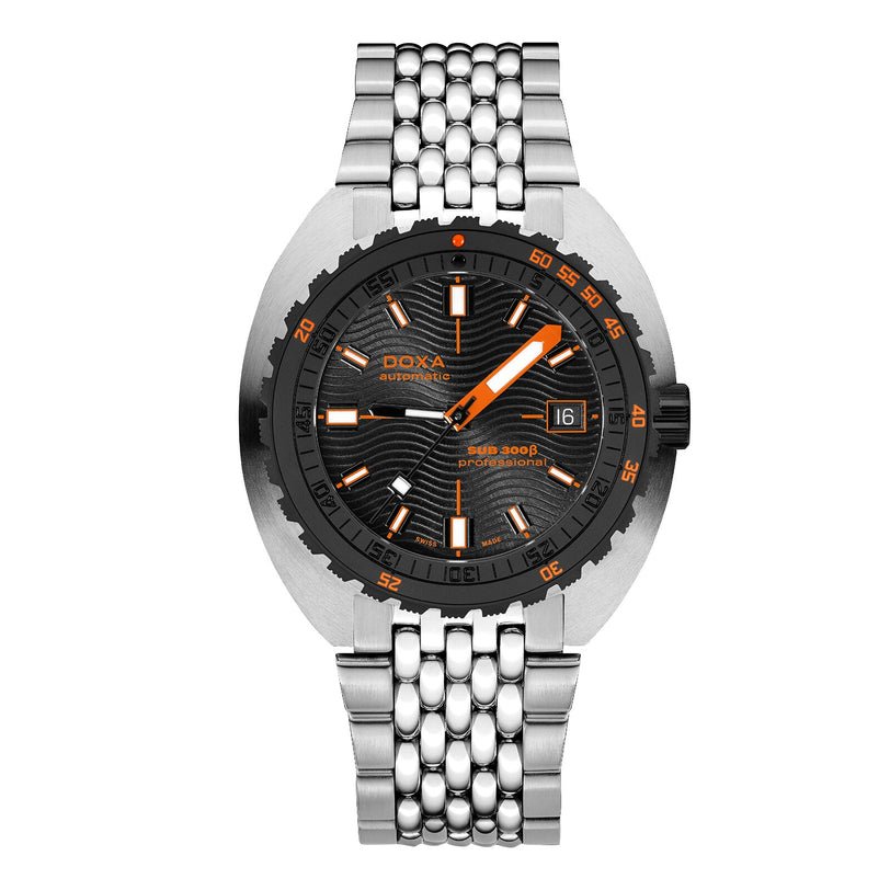 The DOXA Sub 300 Beta Professional is a stainless steel wristwatch inspired by Swiss watchmaking, featuring a black and orange dial, date set to the 16th, and a metal link bracelet.