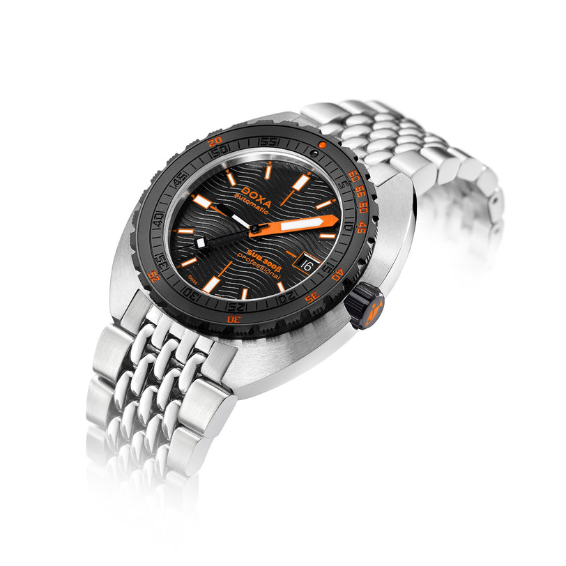 The DOXA Sub 300 Beta Professional is a stainless steel watch with a black and orange dial, orange accents, date display, and metal bracelet—Swiss-made and ideal for diving chronograph fans. Pictured on a white background.