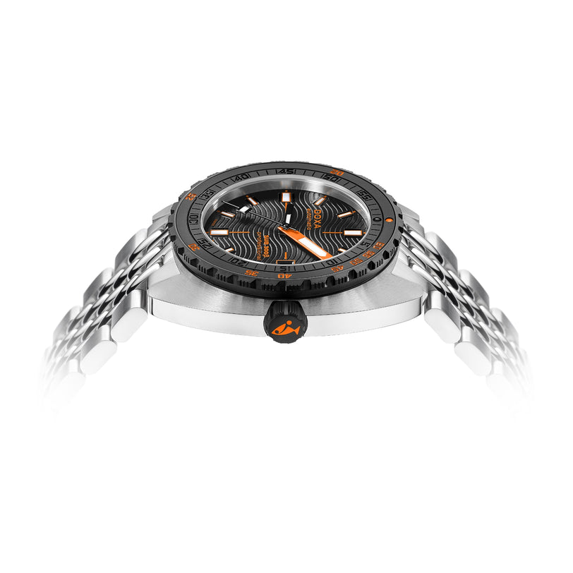 The DOXA Sub 300 Beta Professional features a stainless steel case, silver metal bracelet, black and orange bezel and dial accents, and a patterned face—showcasing Swiss craftsmanship in this side profile view for diving chronograph fans.