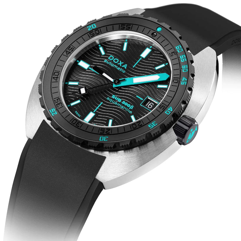 The DOXA SUB 300 Beta Aquamarine features a black strap and turquoise accents on the dial and hands.