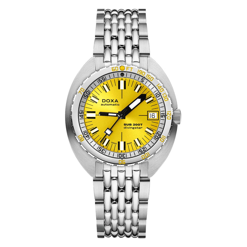 A stainless steel wristwatch with a yellow dial, date at 3 o’clock, and linked metal bracelet. The dial reads DOXA automatic Sub 200T Divingstar—a Swiss icon for deep-sea diving enthusiasts.