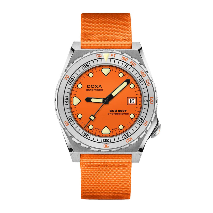 The DOXA Sub 600T Professional is a stainless steel divers watch featuring an orange dial, rotating bezel, date display, and an orange fabric strap.