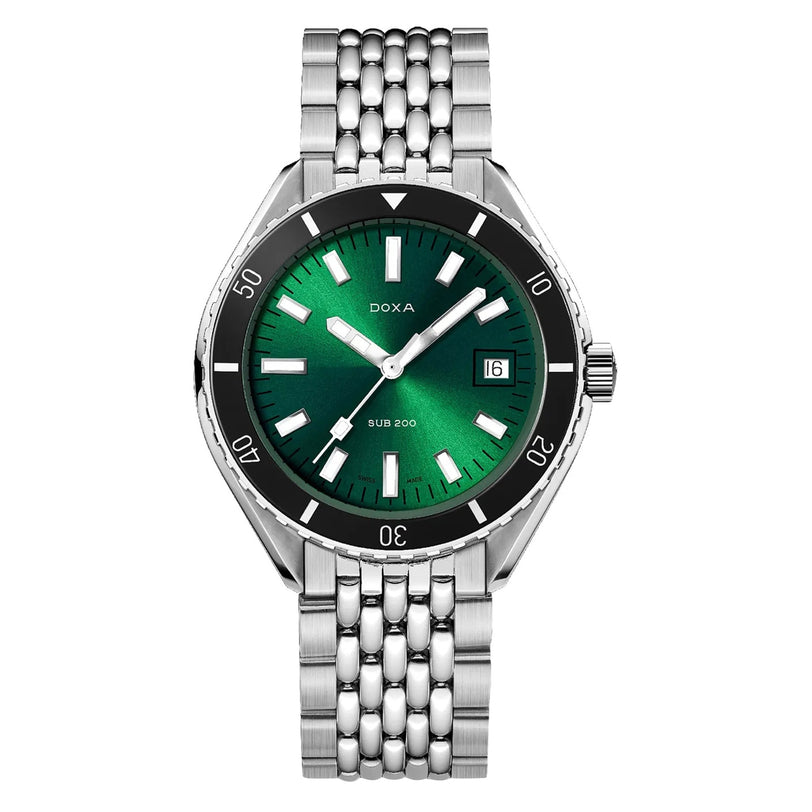 The DOXA Sub 200 Sea Emerald is a stainless steel wristwatch inspired by Swiss watchmaking, featuring a green dial, white hour markers, date at 3 o’clock, a metal bracelet, and a black bezel with minute markings for classic style.