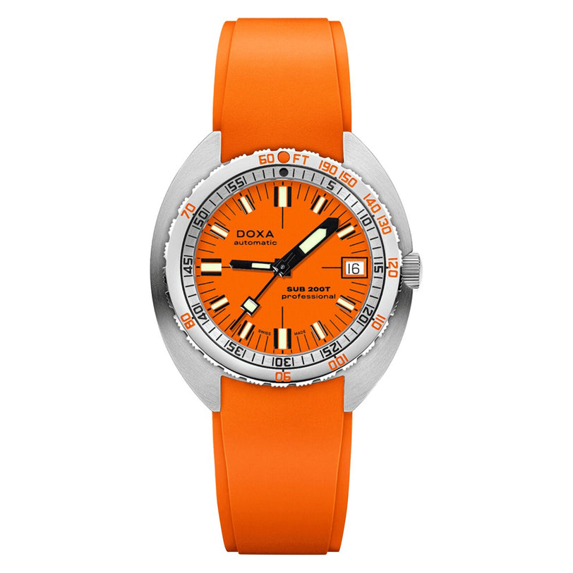 The DOXA Sub 200T Professional features an orange dial, date window, silver bezel, and orange rubber strap—showcasing Swiss watchmaking for deep-sea diving enthusiasts.