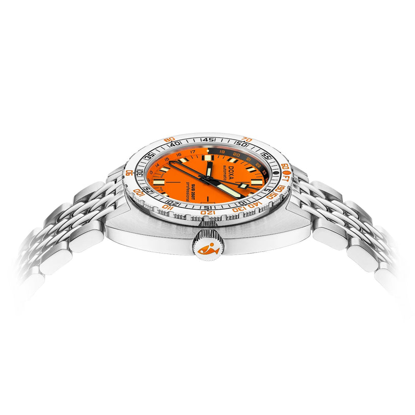Side view of the DOXA SUB 250 GMT Professional wristwatch featuring an orange dial and a stainless steel bracelet.