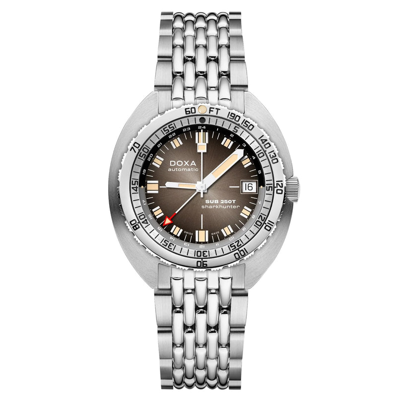 The DOXA SUB 250T GMT Sharkhunter Vintage is a silver dive watch with a Swiss automatic movement, black and gray round dial featuring a date window at 3 o’clock, and a metal link bracelet.