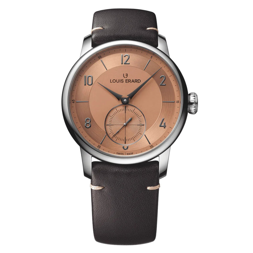 The Louis Erard Petite Seconde Terracotta 42 features a terracotta dial, silver case, and dark brown leather strap.