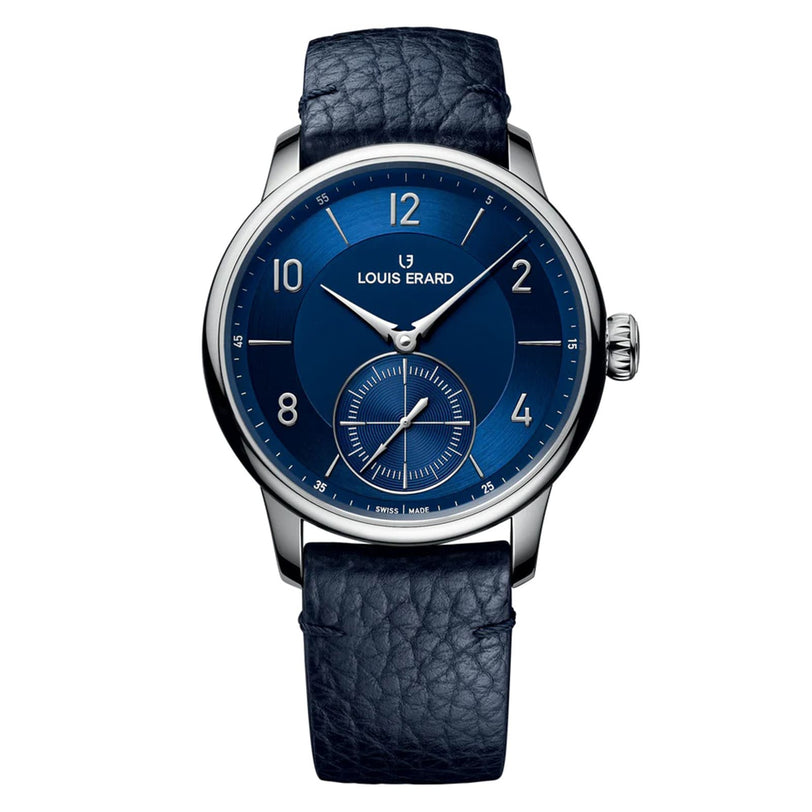 The Louis Erard Petite Seconde Bleu Nuit wristwatch features a blue dial, blue leather strap, silver case, and a minimalist design.