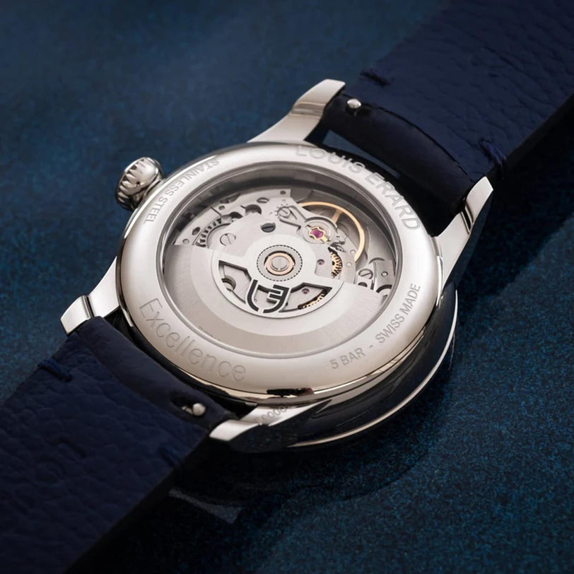 Back view of the Louis Erard Petite Seconde Bleu Nuit, displaying its exposed mechanical movement and dark blue leather strap.