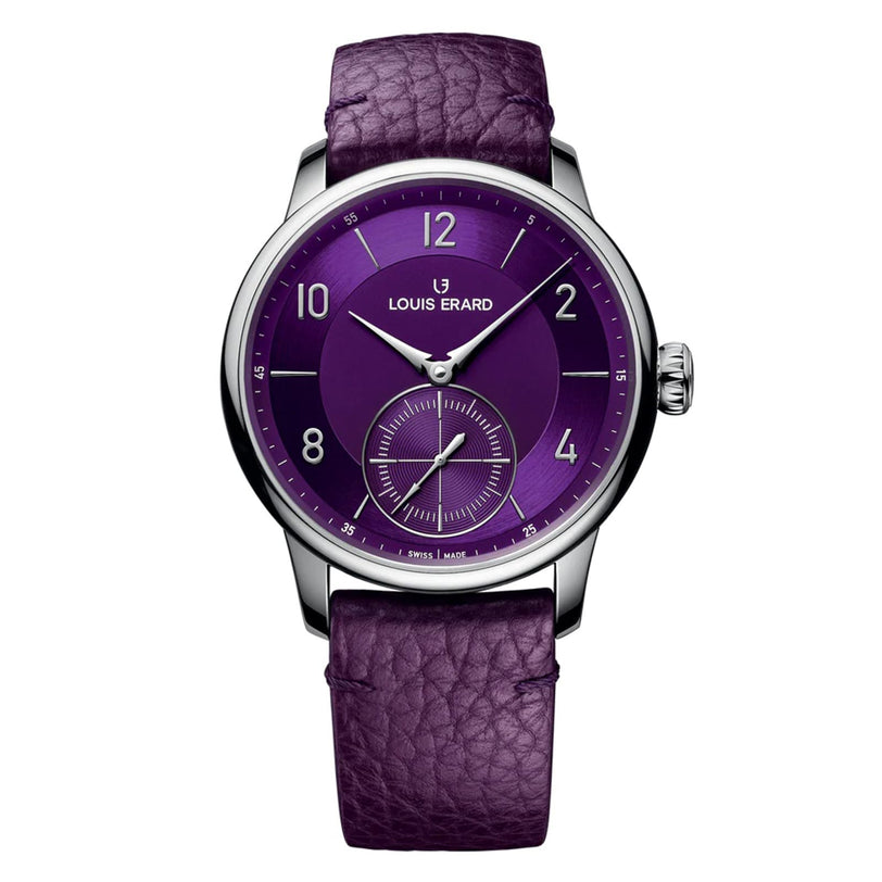 The Louis Erard Petite Seconde Violette is a luxury watch with a purple dial and a matching textured purple leather strap.