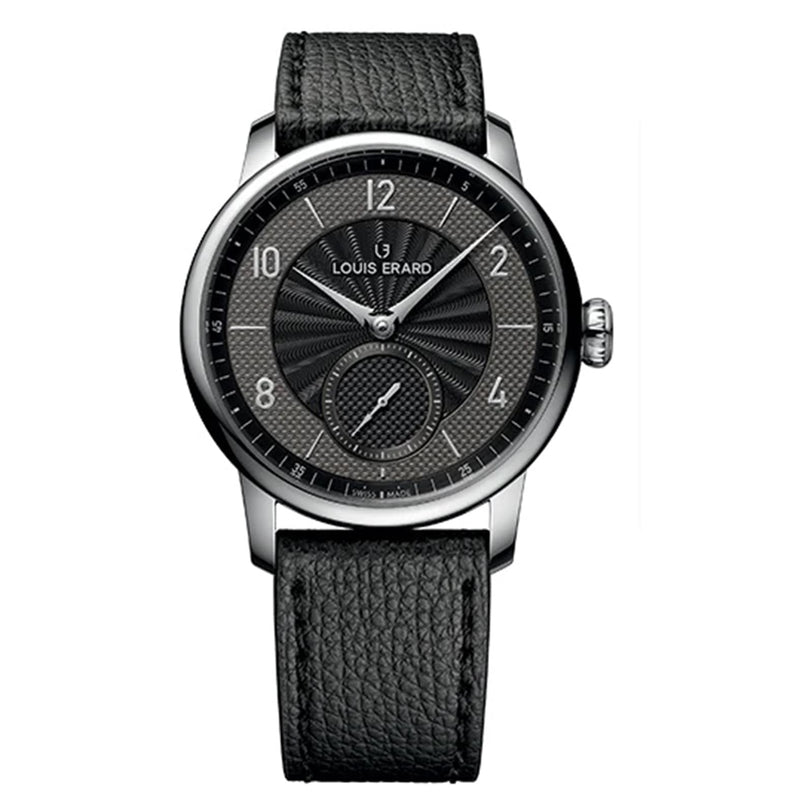 Louis Erard Petite Seconde Guilloché Anthracite Black wristwatch with a textured leather strap and dark patterned dial featuring silver hour markers.