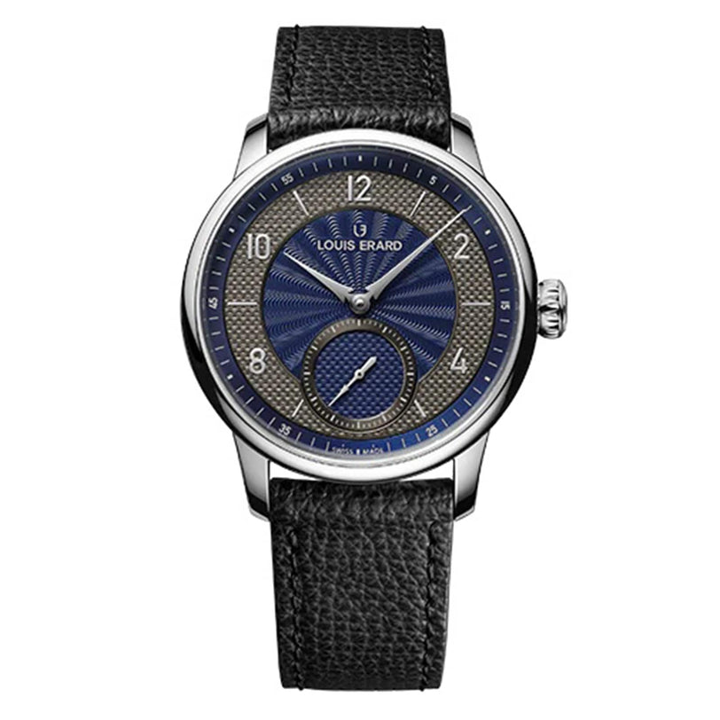 The Louis Erard Petite Seconde Guilloché Anthracite Blue wristwatch features a blue patterned dial and a textured black strap.