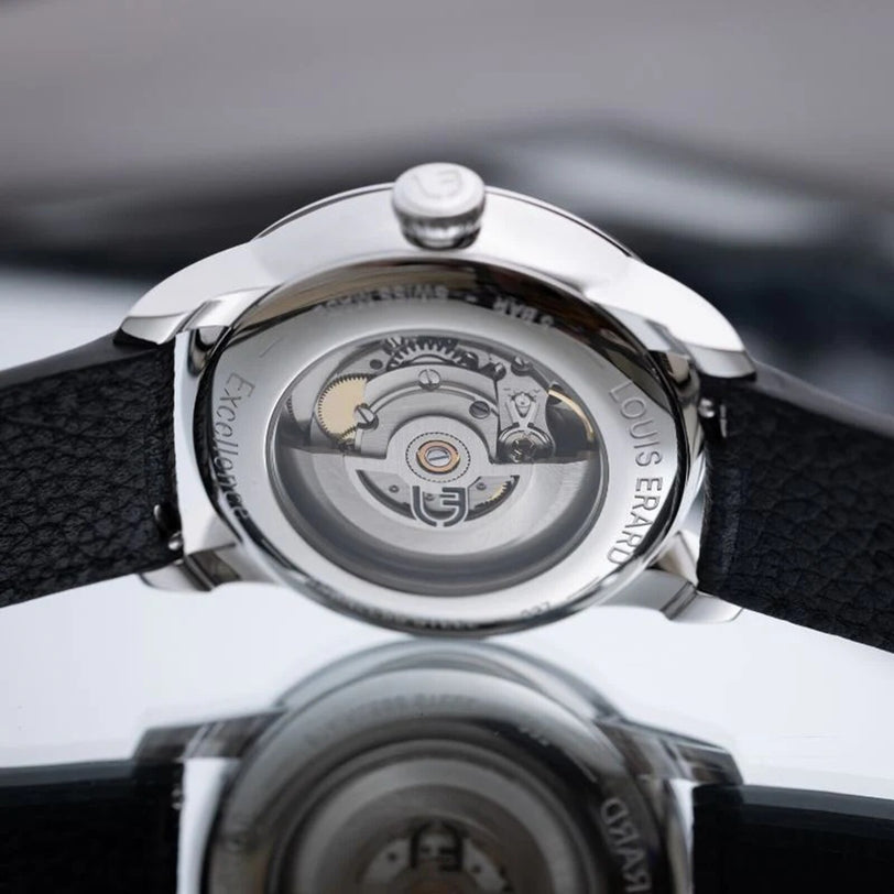 Close-up of the transparent case back on the Louis Erard Petite Seconde Guilloché Anthracite Blue, revealing its mechanical movement.