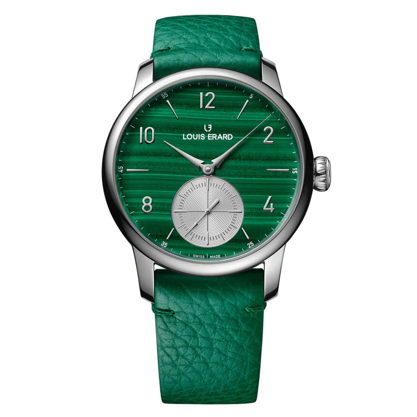 Louis Erard Petite Seconde Malachite wristwatch with silver accents, a silver subdial, and a green leather strap, displayed on a white background.