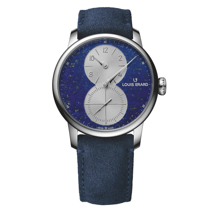 The Louis Erard Régulateur Lapis-Lazuli wristwatch features a blue textured dial, two subdials, and a blue suede strap.