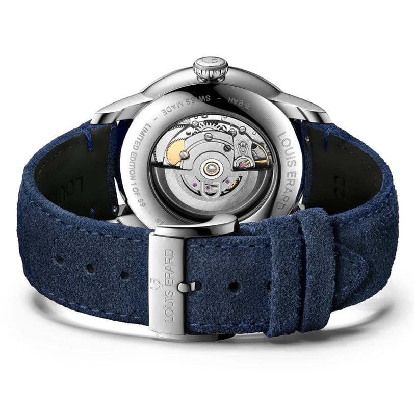 Back view of the Louis Erard Régulateur Lapis-Lazuli watch showcasing its visible movement and blue suede strap.