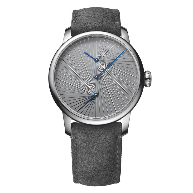 The Louis Erard Le Régulateur Louis Erard x atelier oï is a minimalist watch featuring a gray textured dial, blue hands, and a gray suede strap.
