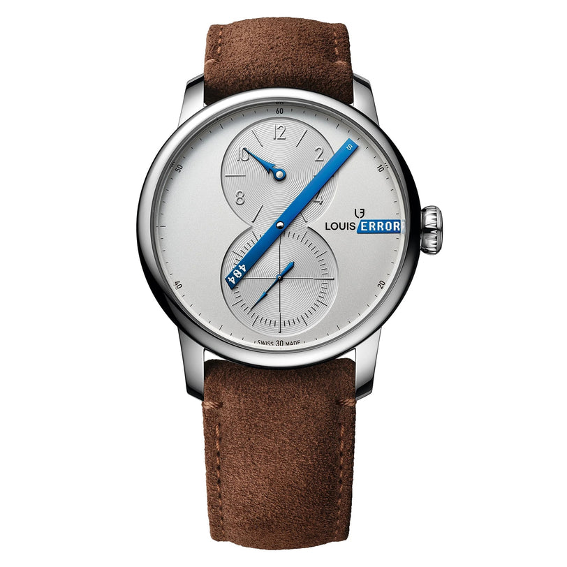 The Le Régulateur Louis Erard x seconde/seconde/ by Louis Erard is a silver wristwatch featuring a brown suede strap, blue hands, and ERROR displayed on the dial.