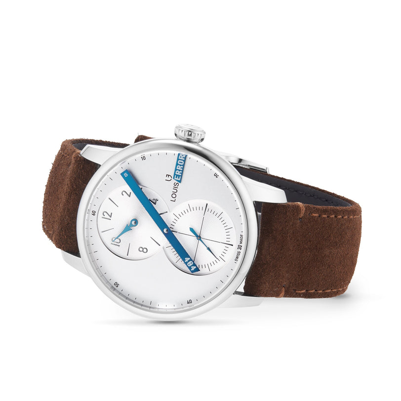 Louis Erard Le Régulateur Louis Erard x seconde/seconde/ wristwatch with a white dial, blue hands, and a brown suede strap shown on a white background.