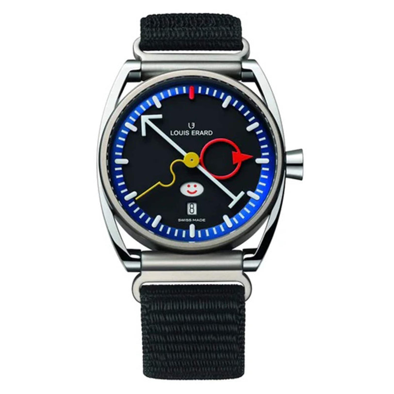 The La Semaine Louis Erard x Alain Silberstein watch by Louis Erard features a black strap, abstract colorful hands, and a smiley face on the dial.