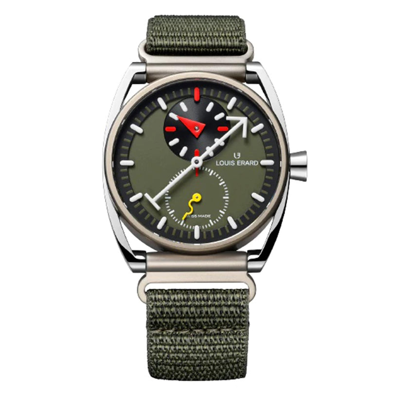 The Louis Erard Le Régulateur Louis Erard x Alain Silberstein Khaki is a wristwatch with a green face, red accents, and an olive fabric strap.