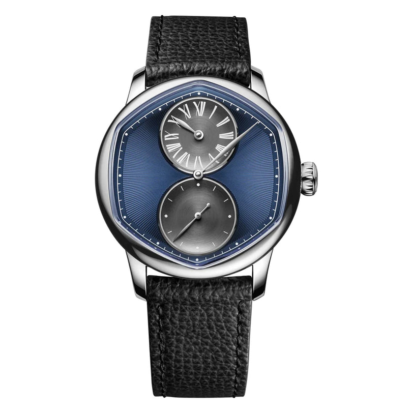 The Louis Erard Le Régulateur Louis Erard x Cédric Johner Blue features a black leather strap, blue face, and two black subdials with Roman and simple numerals.