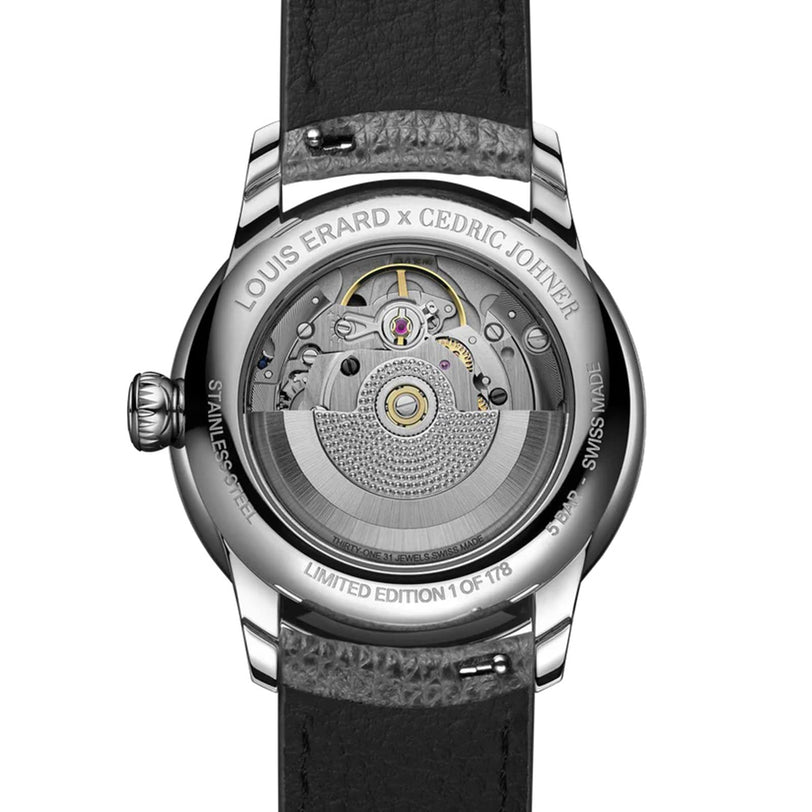 The back of the Le Régulateur Louis Erard x Cédric Johner Blue watch by Louis Erard reveals its intricate exposed mechanical movement.