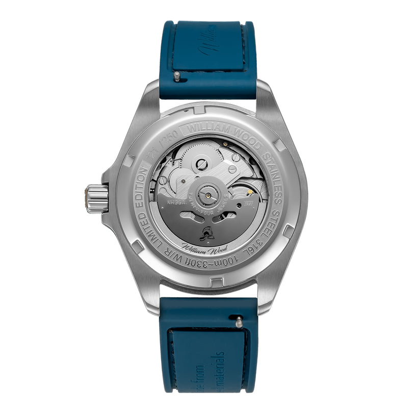 Back view of William Woods Valiant Collection - The Blue Watch, featuring visible mechanical movement, blue leather strap, and engraved case details.