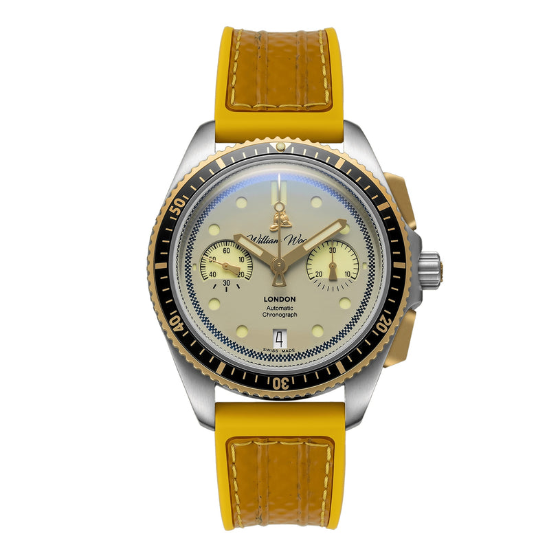 The William Wood Triumph Collection - Fuel Edition features a silver and gold wristwatch with a yellow strap and dual dials, showcased on a white background.