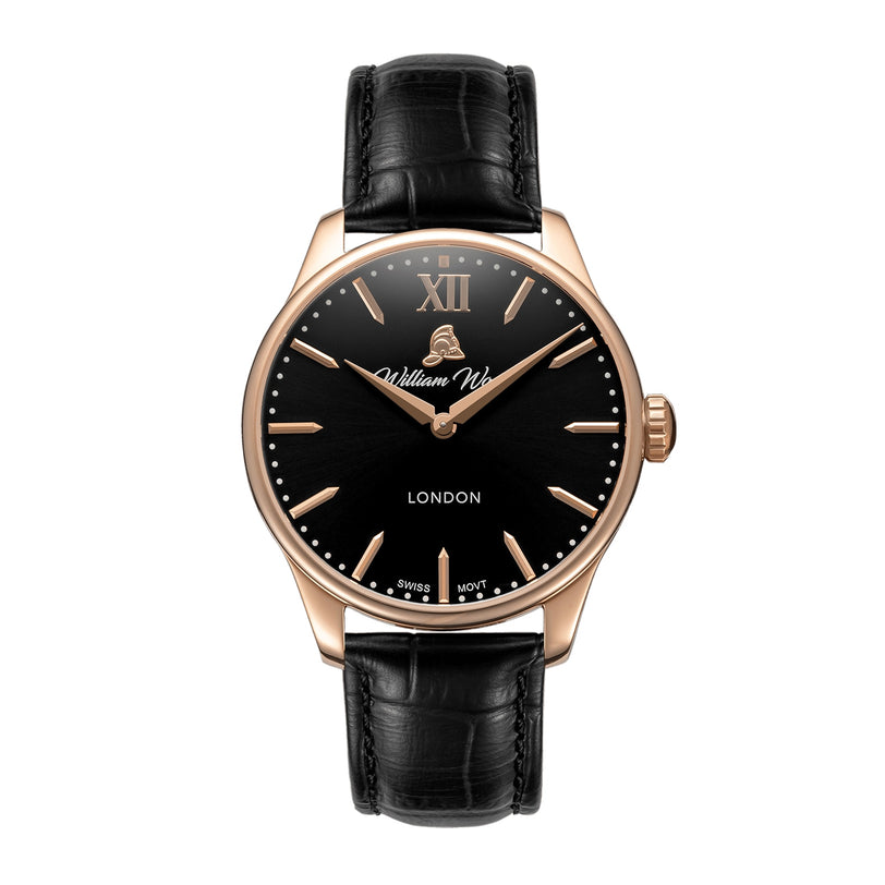 The William Wood Chivalrous Collection - Rose Gold features a gold wristwatch with a black leather strap, black dial, Roman numeral XII, and gold accents.