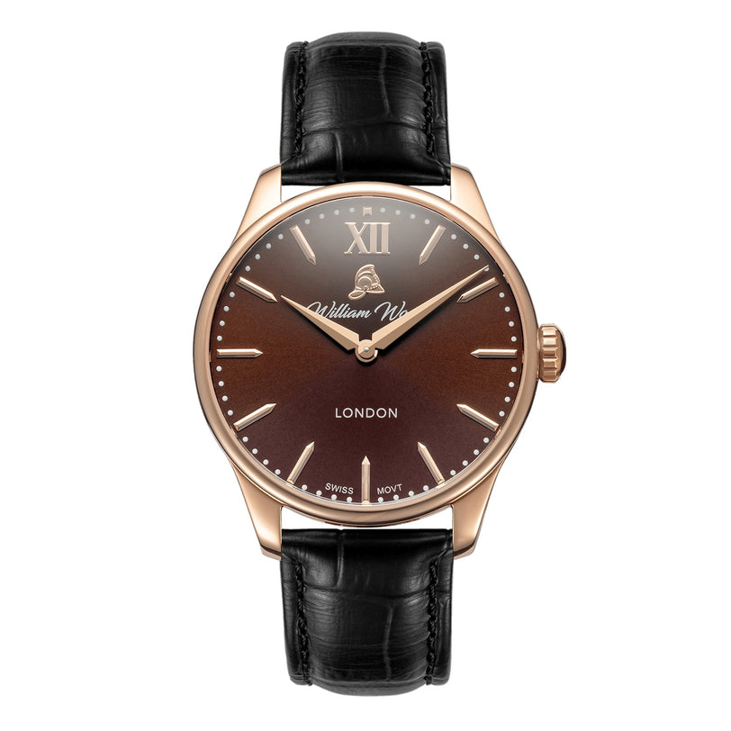 The William Wood Chivalrous Collection - Chocolate is a brown and gold wristwatch with a black leather strap and London featured on the dial.