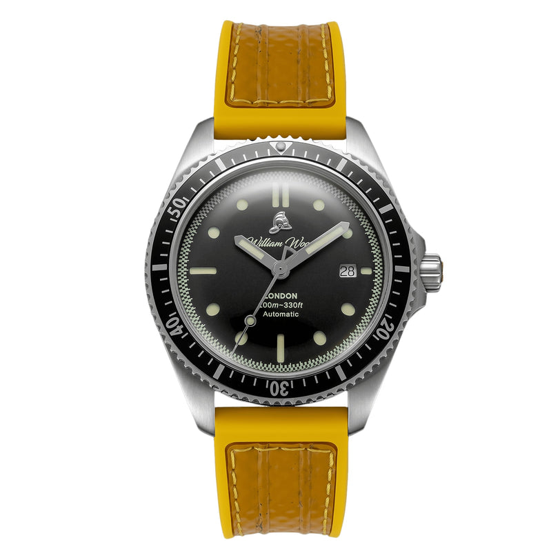 The William Wood Valiant Collection - The Black Watch features a silver case, black dial, yellow strap, and date window, displaying the time at 10:10.