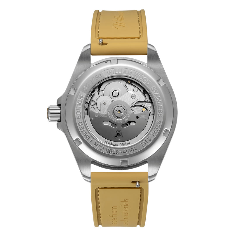 Back view of William Woods Valiant Collection - The Black Watch, featuring a yellow strap, visible mechanical movement, and engraved details.