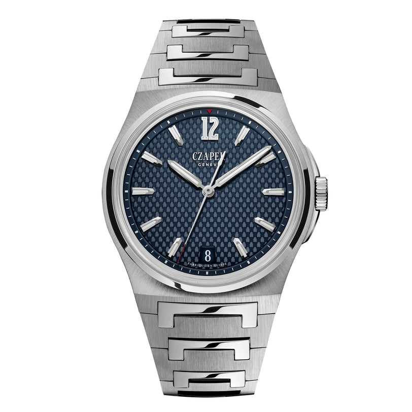 The Czapek Antarctique Passage de Drake Deep Blue is a stainless steel wristwatch with a blue textured dial, silver hands, and a date window at 6 oclock.