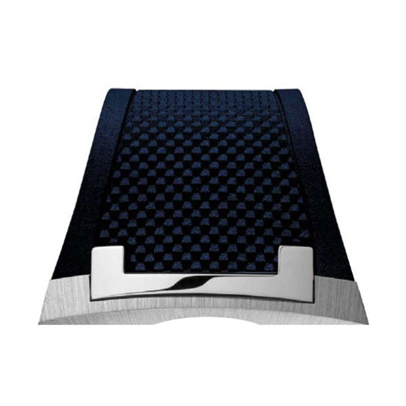 Close-up of a black textured strap with a silver clasp on the Czapek Antarctique Passage de Drake Deep Blue, shown against a white background.