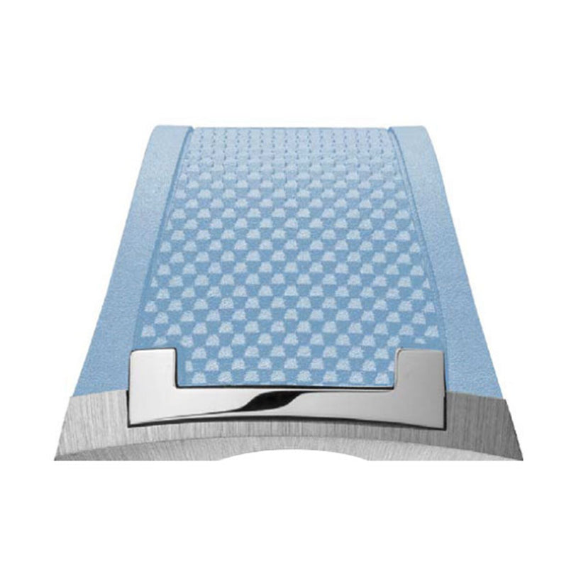 Close-up of the Czapek Antarctique Passage de Drake Glacier Blue’s textured blue and silver strap with a metal clasp.