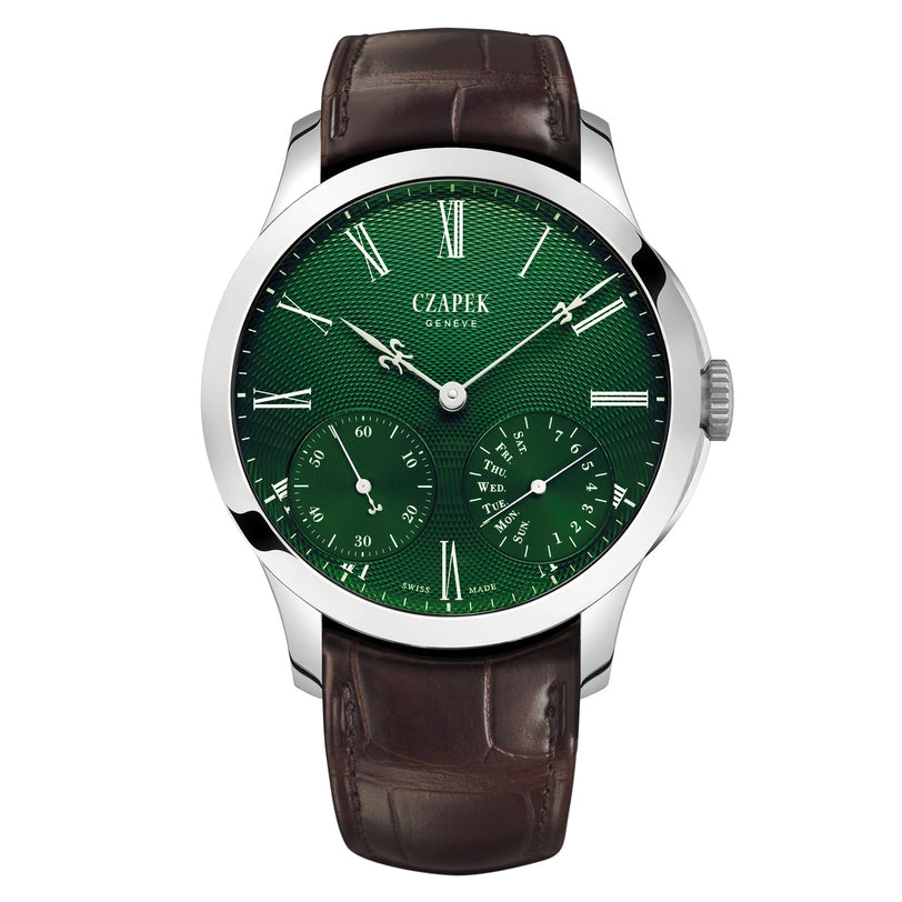 The Czapek Quai des Bergues Emerald Green L is a luxury wristwatch featuring a green dial with Roman numerals, a brown leather strap, and a silver case.