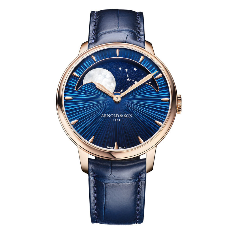 The Arnold & Son Perpetual Moon 41.5mm Red Gold features a blue dial with moon phase display, star design, and a blue leather strap.