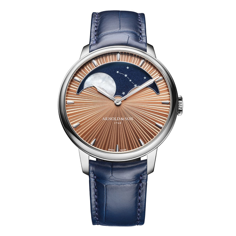 Arnold & Son Perpetual Moon 41.5mm Platinum: a luxury wristwatch with moonphase display, blue leather strap, and platinum-patterned dial.
