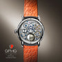 The Luna Magna Platinum by Arnold & Son features an exposed intricate mechanical back, an orange textured leather strap, and was nominated for the GPHG 2022.