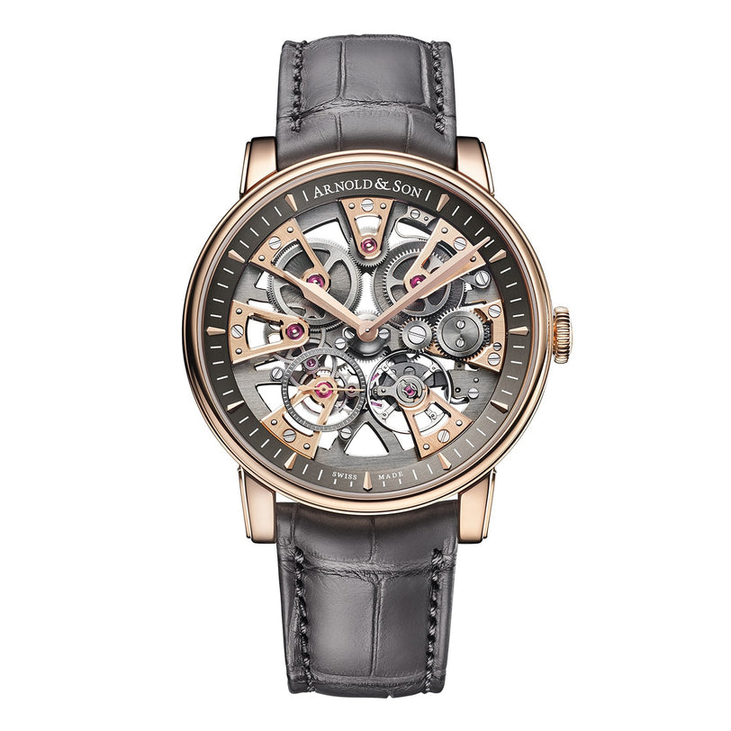 The Arnold & Son Nebula 41.5 Red Gold is a skeleton watch with visible gears, a rose gold case, and a gray leather strap.