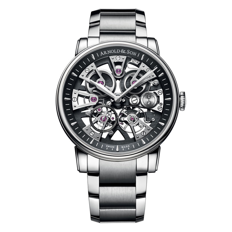 The Arnold & Son Nebula 41.5 Steel is a luxury skeleton watch with a metal band, featuring exposed gears and intricate mechanical details.
