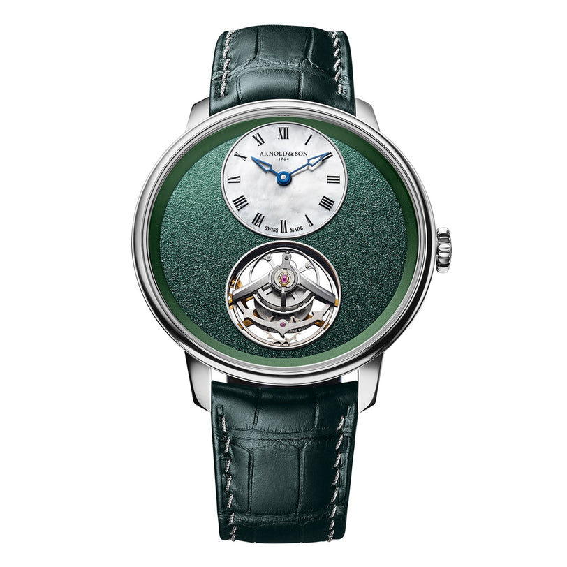Arnold & Son Ultrathin Tourbillon Platinum: luxury wristwatch featuring a green textured dial, white subdial, and green leather strap.