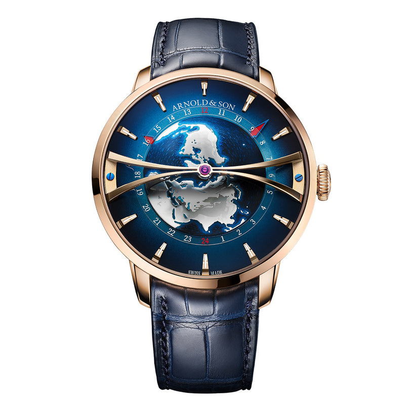 The Globetrotter Red Gold by Arnold & Son features a blue world map dial, a rose gold case, and a blue leather strap.