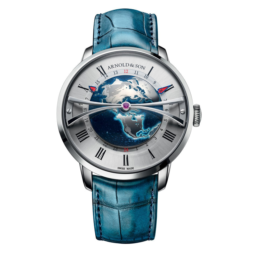 The Arnold & Son Globetrotter Steel is a luxury watch featuring a blue leather strap and a globe design on the dial that displays the Americas.